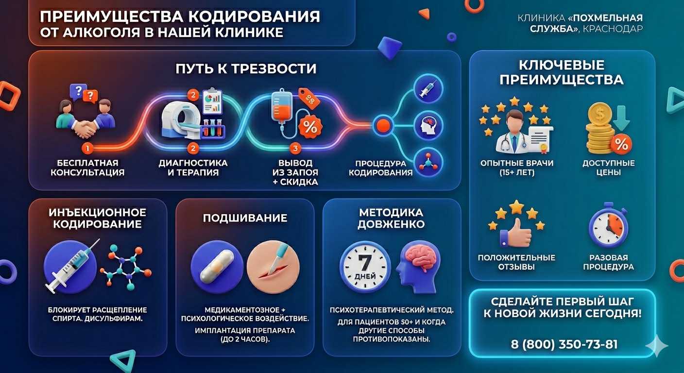 Инфографика о методах кодирования от алкоголя в Минеральных Водах: инъекции, подшивание, метод Довженко. Преимущества клиники и этапы лечения.